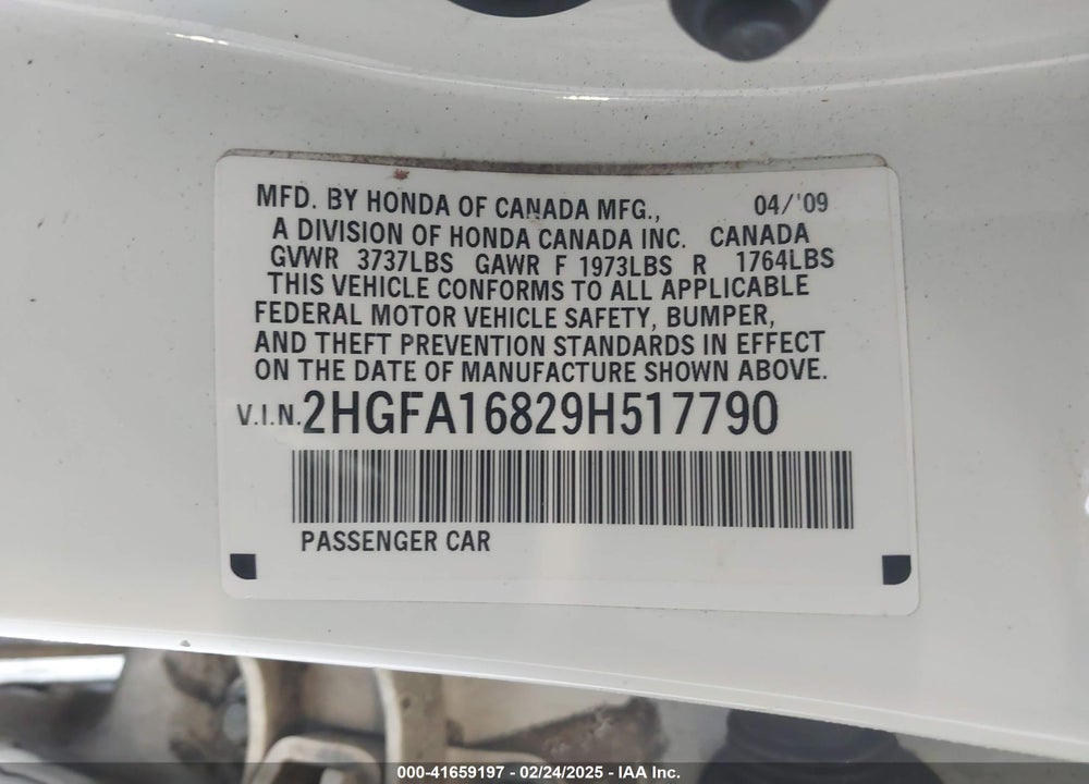 2009 HONDA CIVIC VIN: 2HGFA16829H517790
