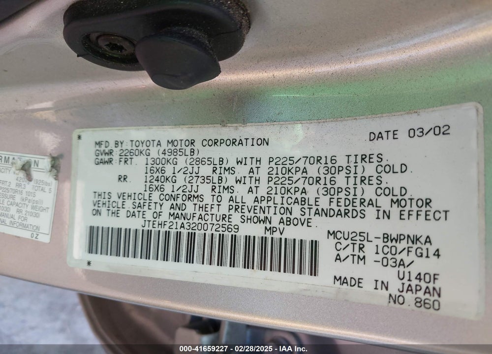 2002 TOYOTA HIGHLANDER V6 VIN: JTEHF21A320072569