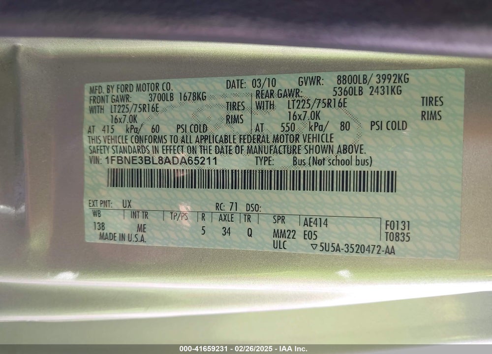 2010 FORD E-350 SUPER DUTY XL/XLT VIN: 1FBNE3BL8ADA65211