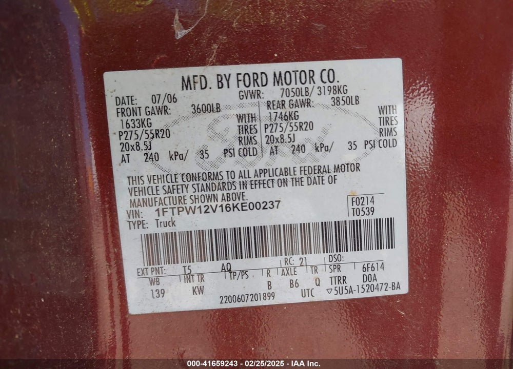 2006 FORD F-150 VIN: 1FTPW12V16KE00237