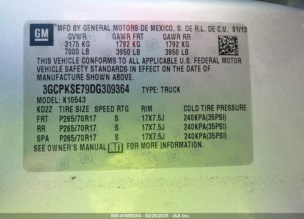 2013 CHEVROLET SILVERADO 1500 VIN: 3GCPKSE79DG309364