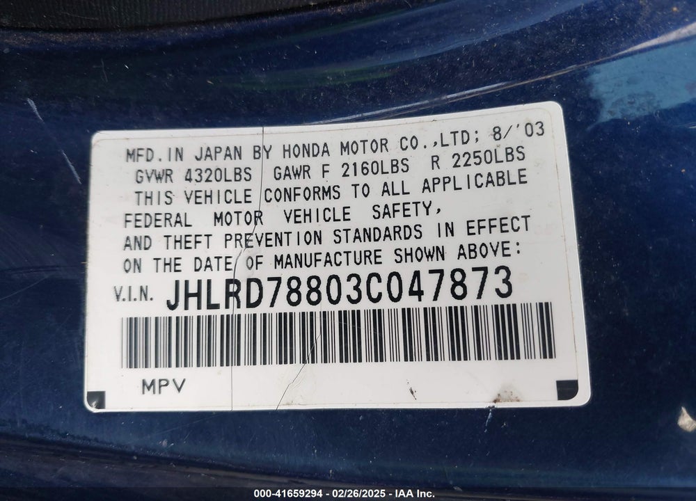 2003 HONDA CR-V EX VIN: JHLRD78803C047873