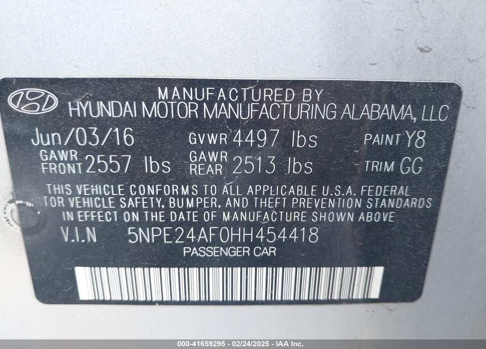 2017 HYUNDAI SONATA VIN: 5NPE24AF0HH454418