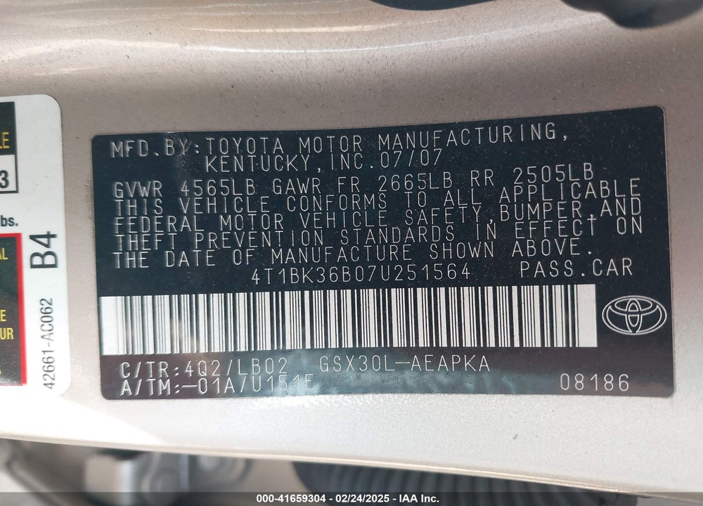2007 TOYOTA AVALON LIMITED VIN: 4T1BK36B07U251564