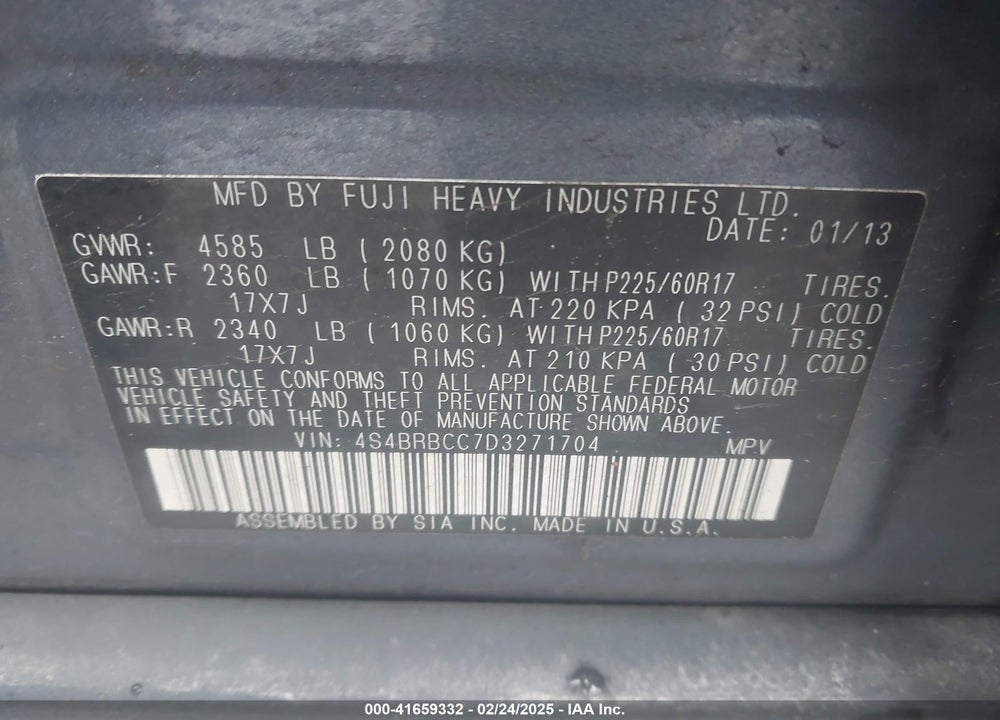 2013 SUBARU OUTBACK VIN: 4S4BRBCC7D3271704