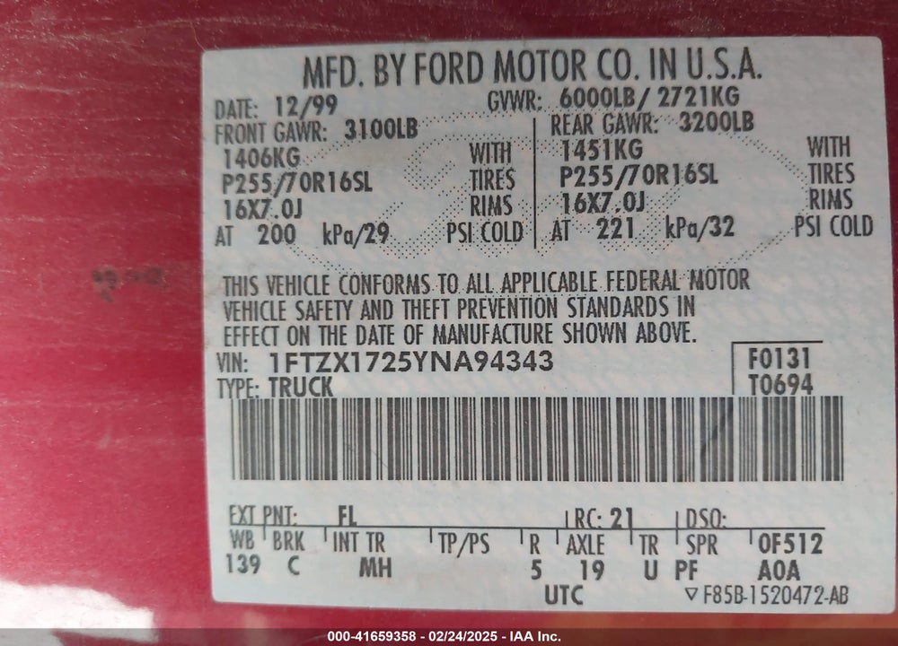 2000 FORD F-150 WORK SERIES/XL/XLT VIN: 1FTZX1725YNA94343