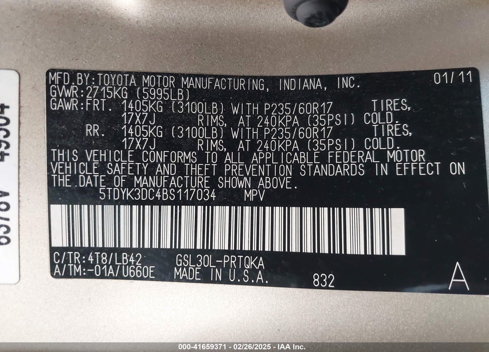 2011 TOYOTA SIENNA VIN: 5TDYK3DC4BS117034