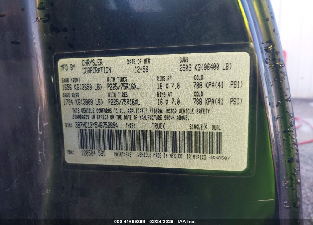 1997 DODGE RAM 1500 ST VIN: 3B7HC13Y5VG752894