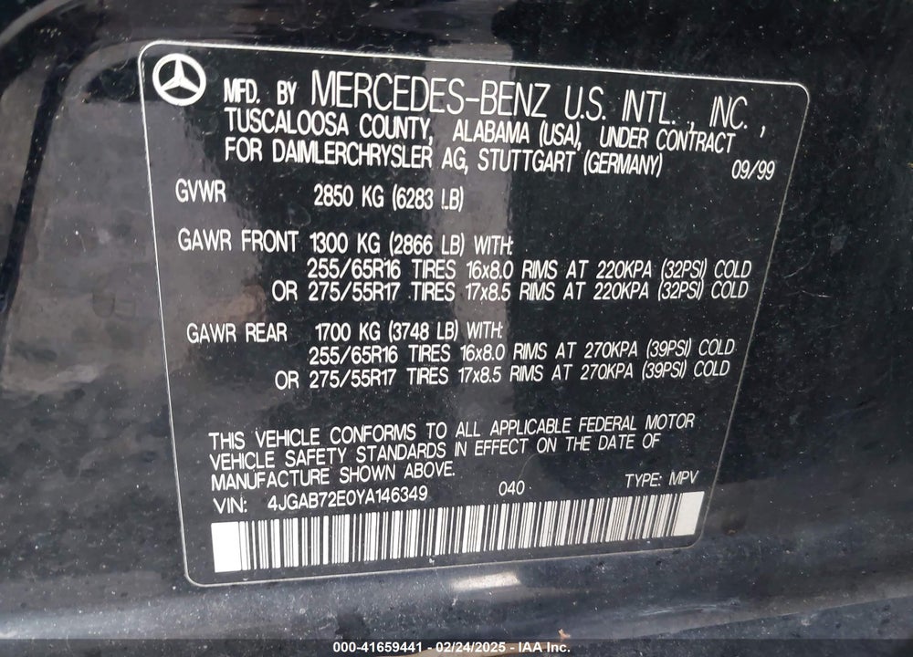 2000 MERCEDES-BENZ ML 430 VIN: 4JGAB72E0YA146349