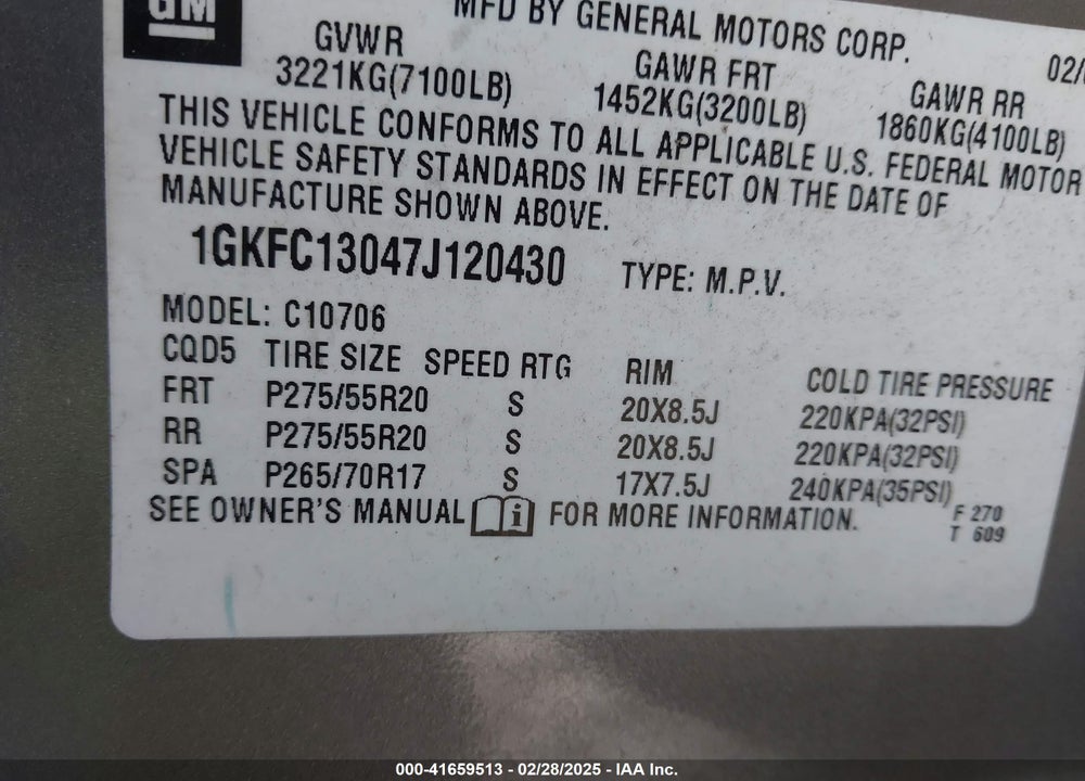 2007 GMC YUKON VIN: 1GKFC13047J120430