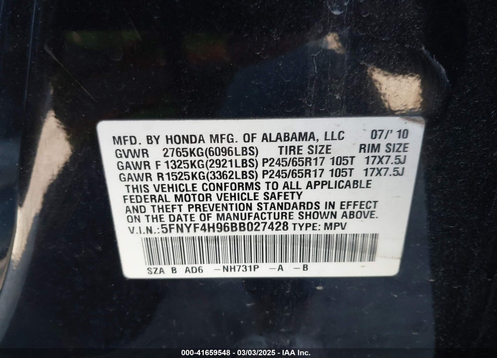 2011 HONDA PILOT TOURING VIN: 5FNYF4H96BB027428