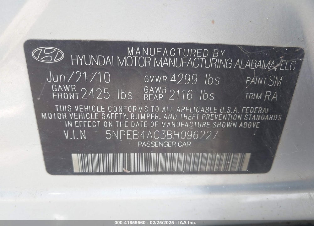 2011 HYUNDAI SONATA VIN: 5NPEB4AC3BH096227
