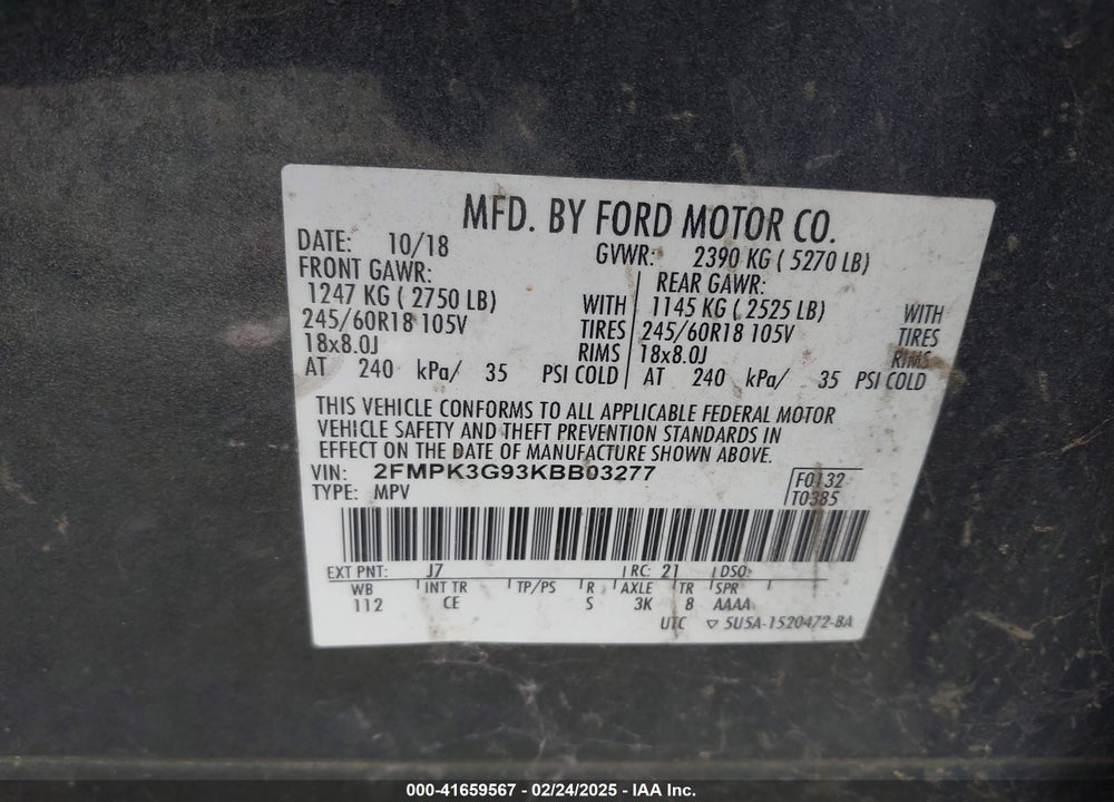 2019 FORD EDGE VIN: 2FMPK3G93KBB03277