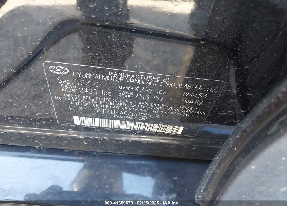 2011 HYUNDAI SONATA GLS VIN: 5NPEB4AC3BH155793