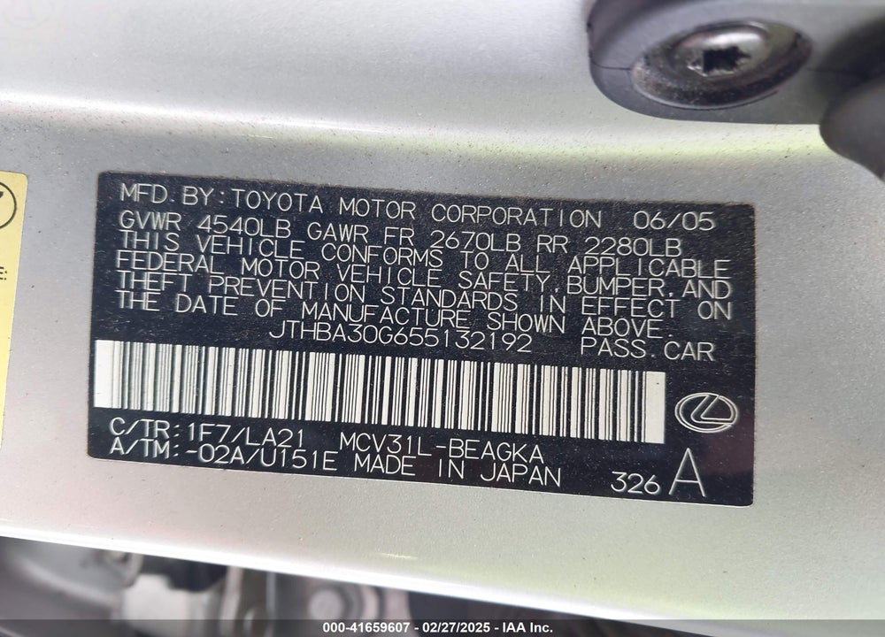 2005 LEXUS ES 330 VIN: JTHBA30G655132192