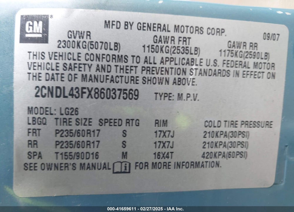 2008 CHEVROLET EQUINOX VIN: 2CNDL43FX86037569