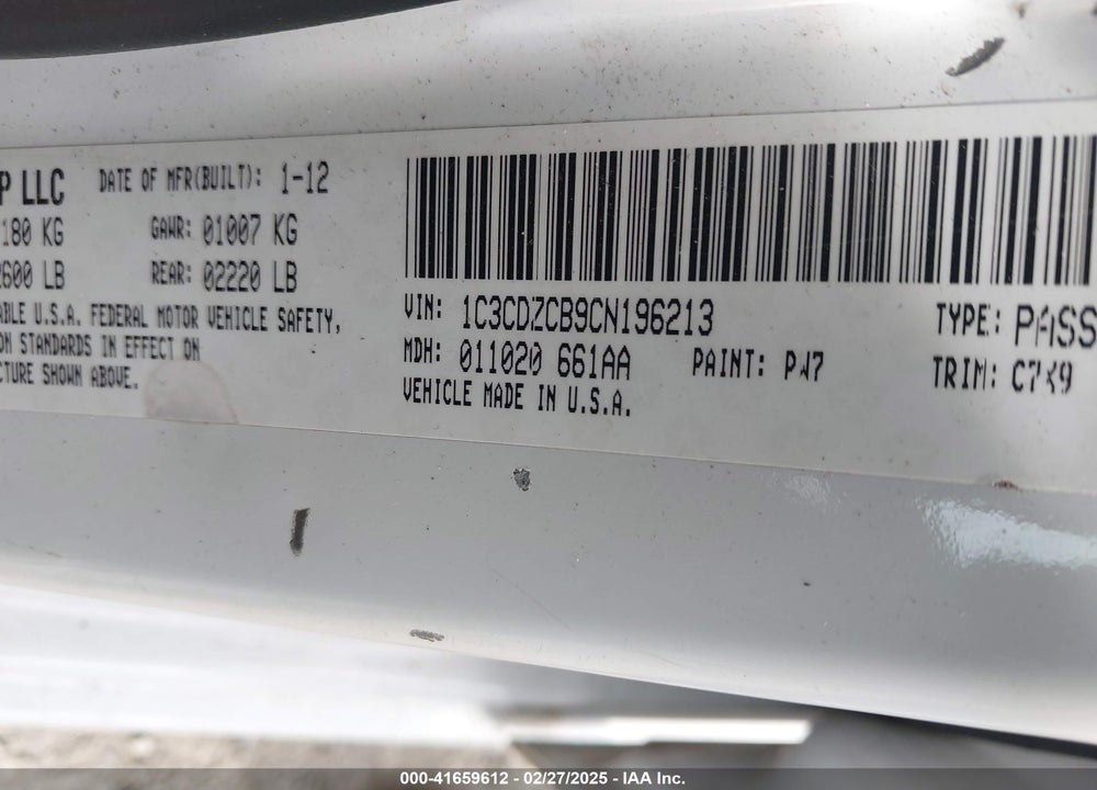 2012 DODGE AVENGER VIN: 1C3CDZCB9CN196213