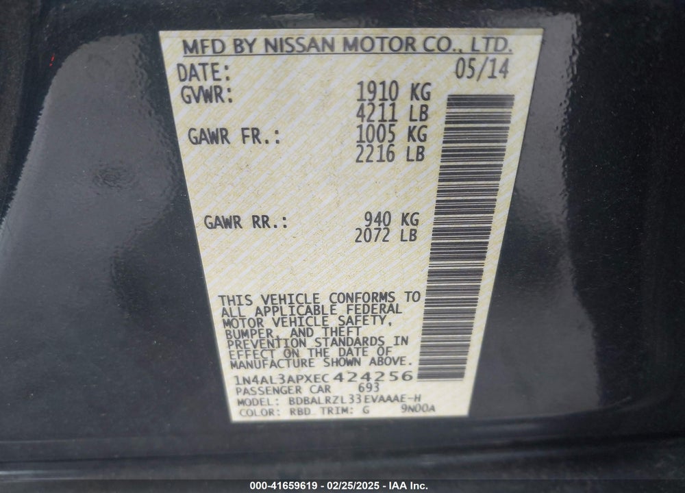 2014 NISSAN ALTIMA VIN: 1N4AL3APXEC424256