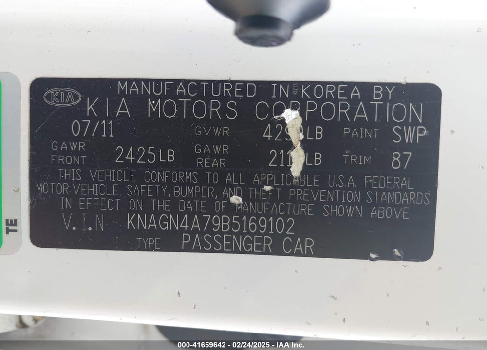 2011 KIA OPTIMA EX VIN: KNAGN4A79B5169102