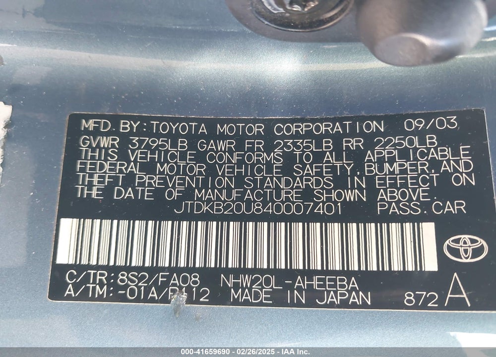 2004 TOYOTA PRIUS VIN: JTDKB20U840007401