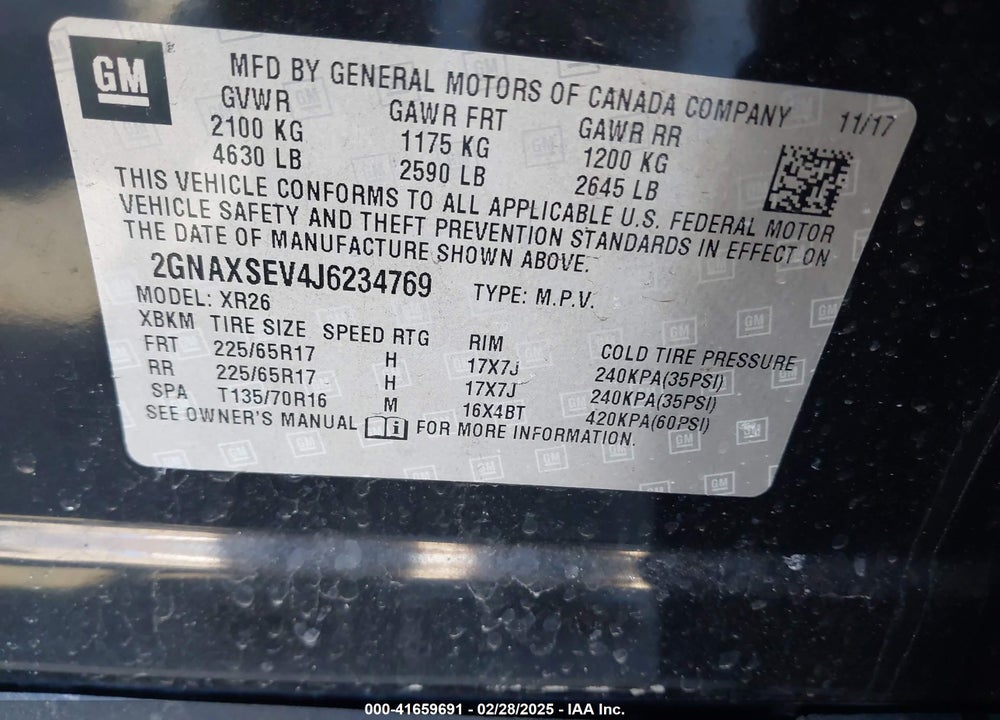 2018 CHEVROLET EQUINOX LT VIN: 2GNAXSEV4J6234769