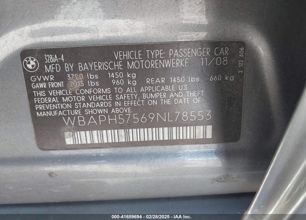 2009 BMW 328I VIN: WBAPH57569NL78553