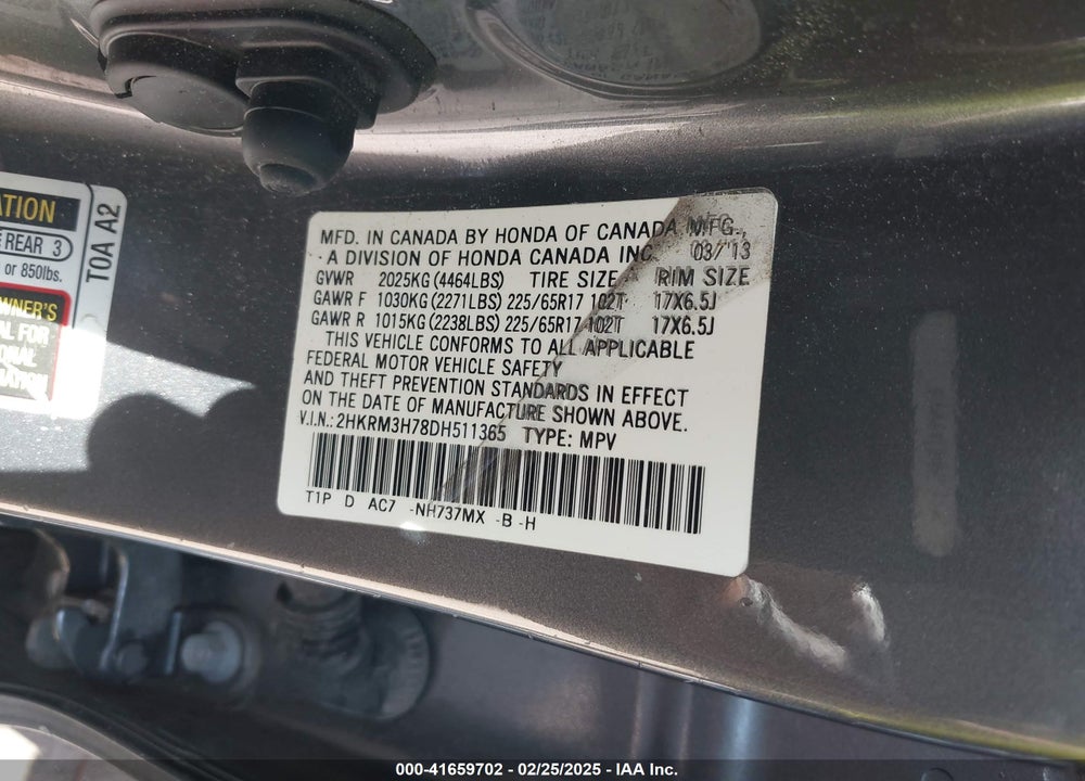 2013 HONDA CR-V VIN: 2HKRM3H78DH511365
