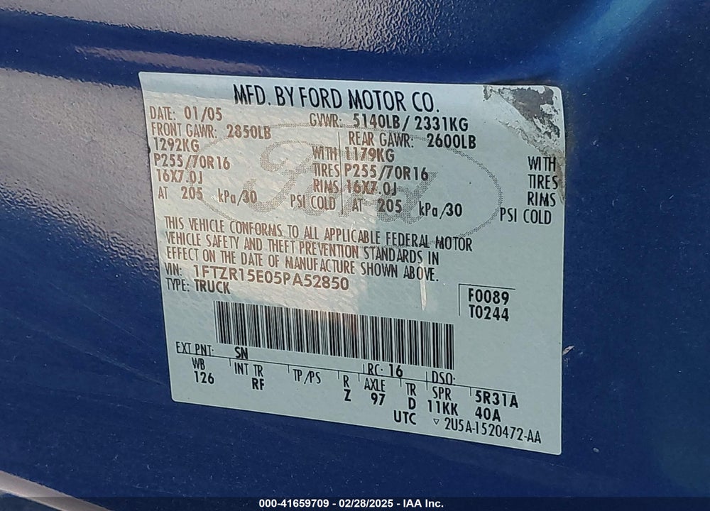 2005 FORD RANGER EDGE/XL/XLT VIN: 1FTZR15E05PA52850