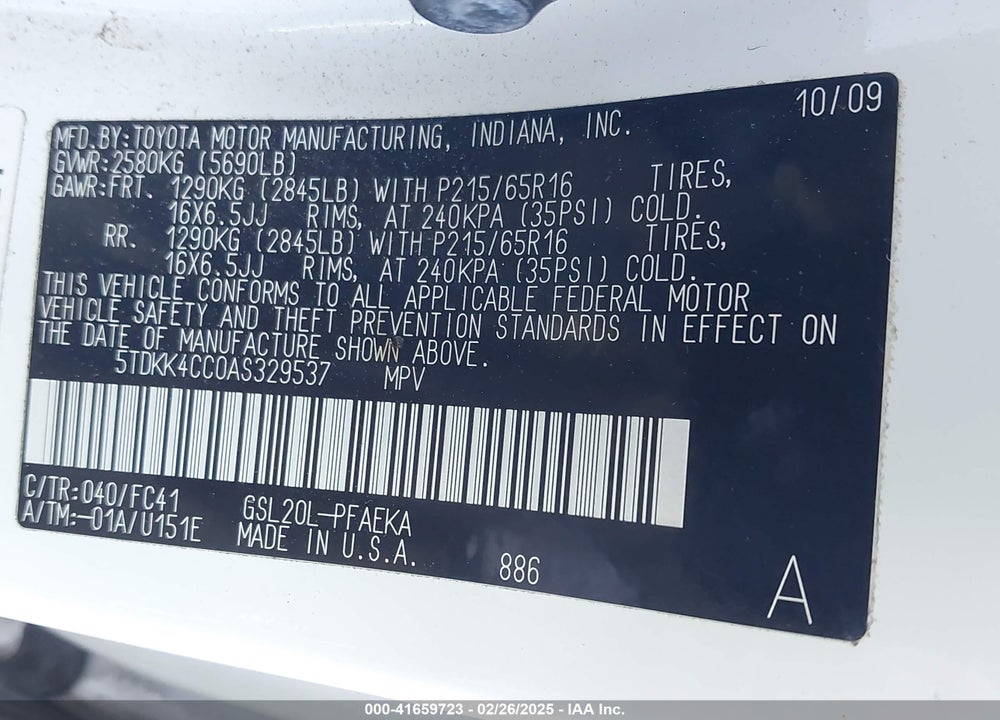 2010 TOYOTA SIENNA LE VIN: 5TDKK4CC0AS329537