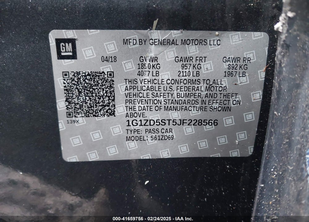 2018 CHEVROLET MALIBU VIN: 1G1ZD5ST5JF228566