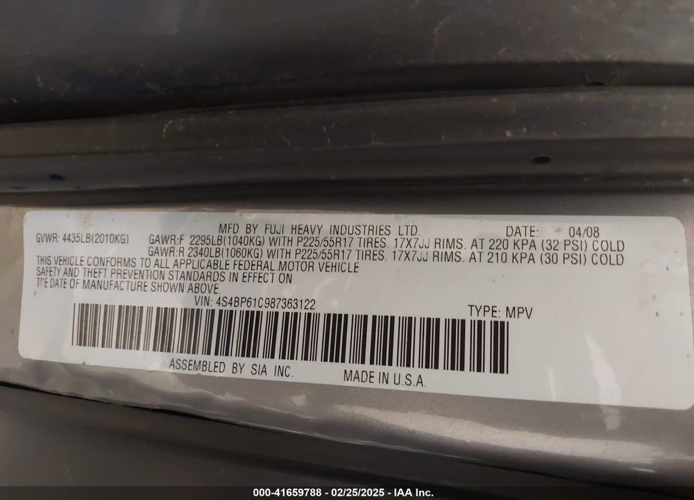 2008 SUBARU OUTBACK VIN: 4S4BP61C987363122