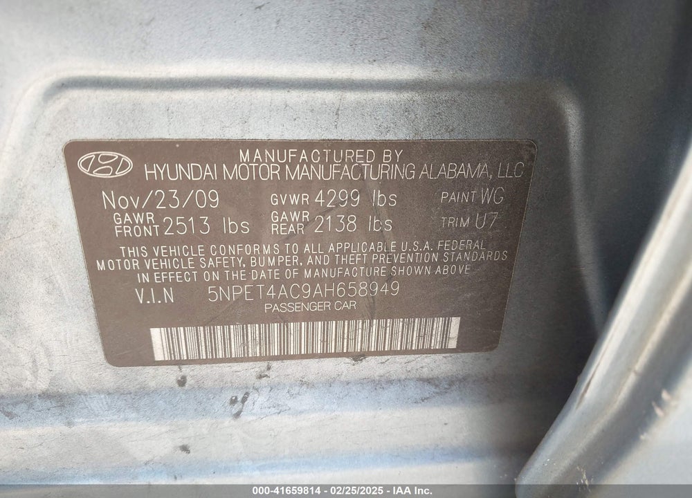 2010 HYUNDAI SONATA VIN: 5NPET4AC9AH658949