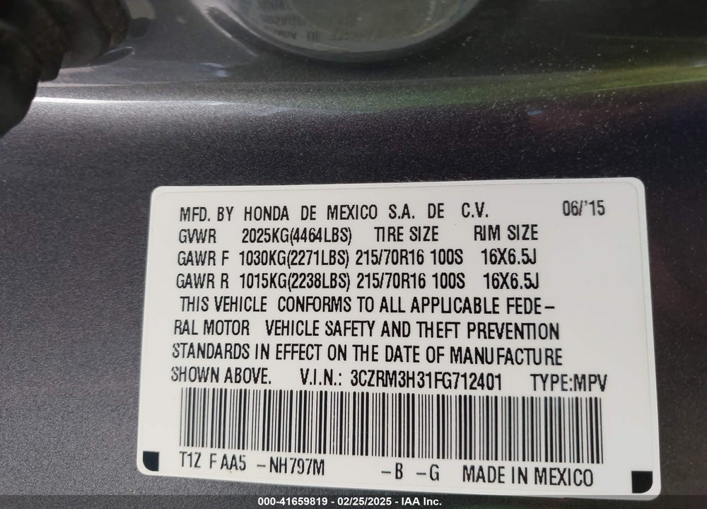 2015 HONDA CR-V VIN: 3CZRM3H31FG712401