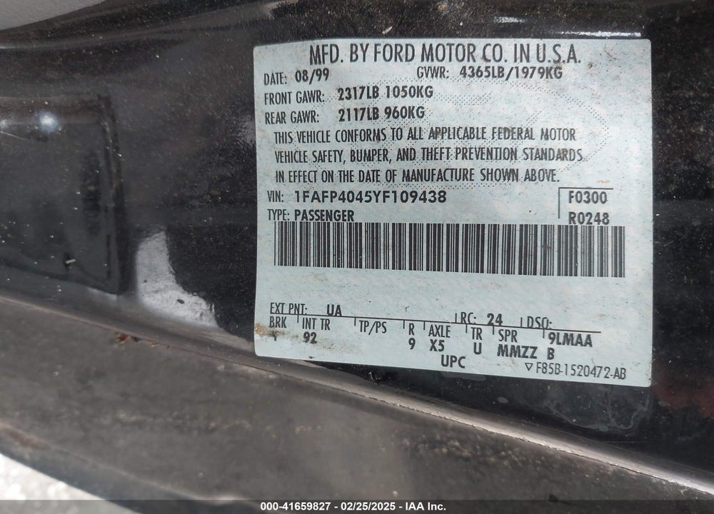 2000 FORD MUSTANG VIN: 1FAFP4045YF109438