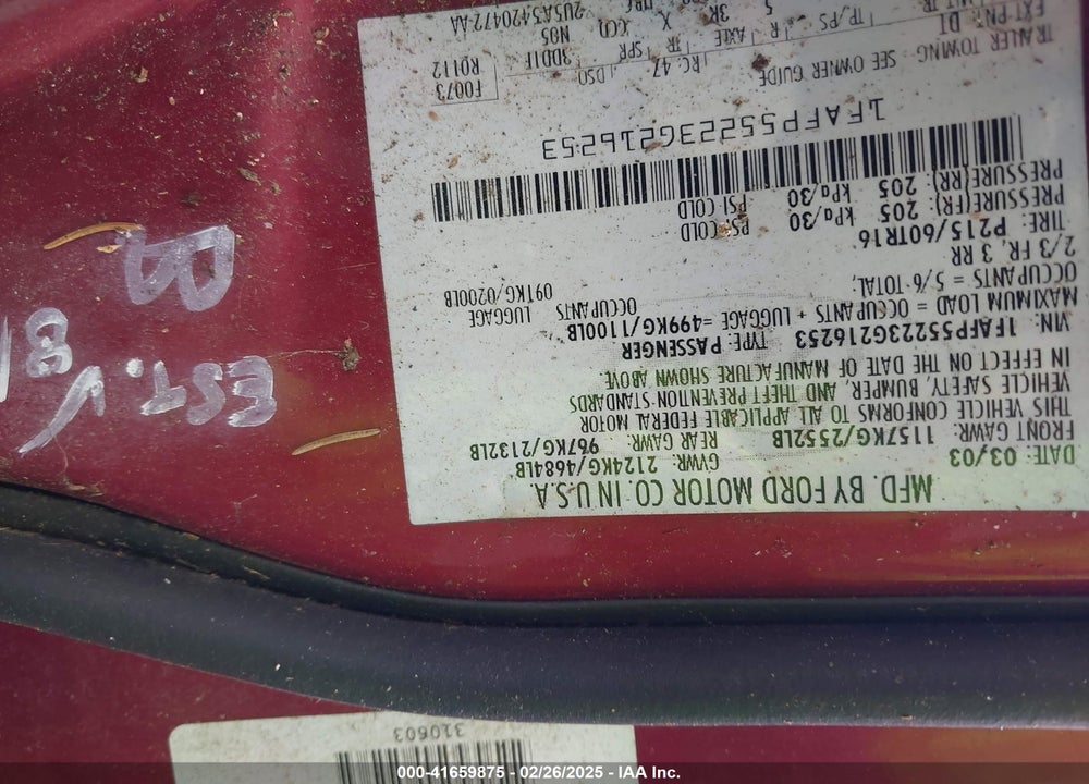 2003 FORD TAURUS SES VIN: 1FAFP55223G216253