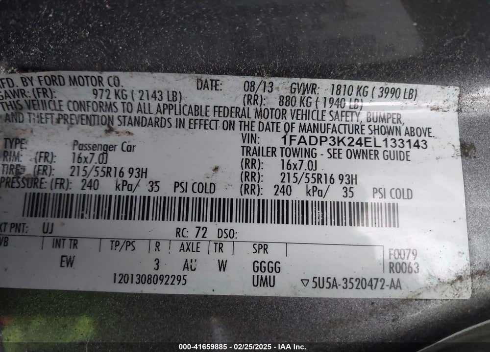 2014 FORD FOCUS VIN: 1FADP3K24EL133143