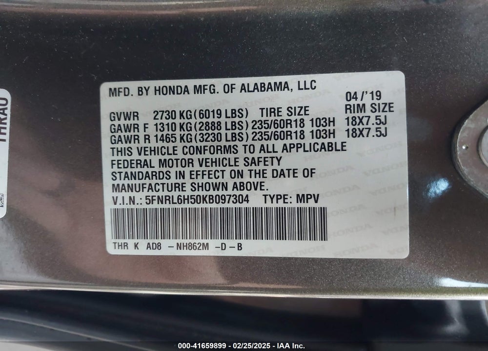 2019 HONDA ODYSSEY VIN: 5FNRL6H50KB097304