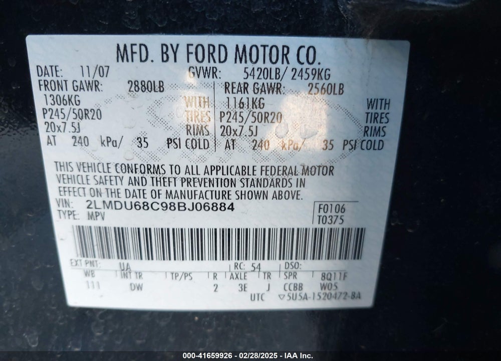2008 LINCOLN MKX VIN: 2LMDU68C98BJ06884