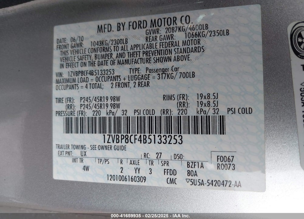 2011 FORD MUSTANG GT PREMIUM VIN: 1ZVBP8CF4B5133253