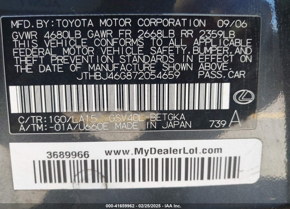 2007 LEXUS ES 350 VIN: JTHBJ46G872054659