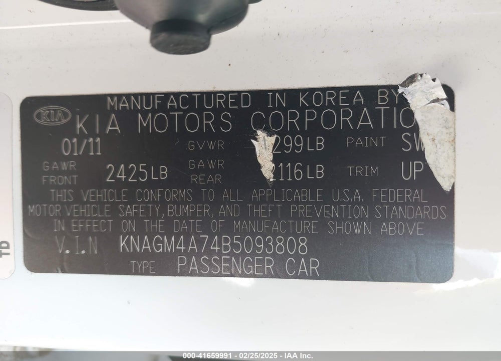 2011 KIA OPTIMA LX VIN: KNAGM4A74B5093808