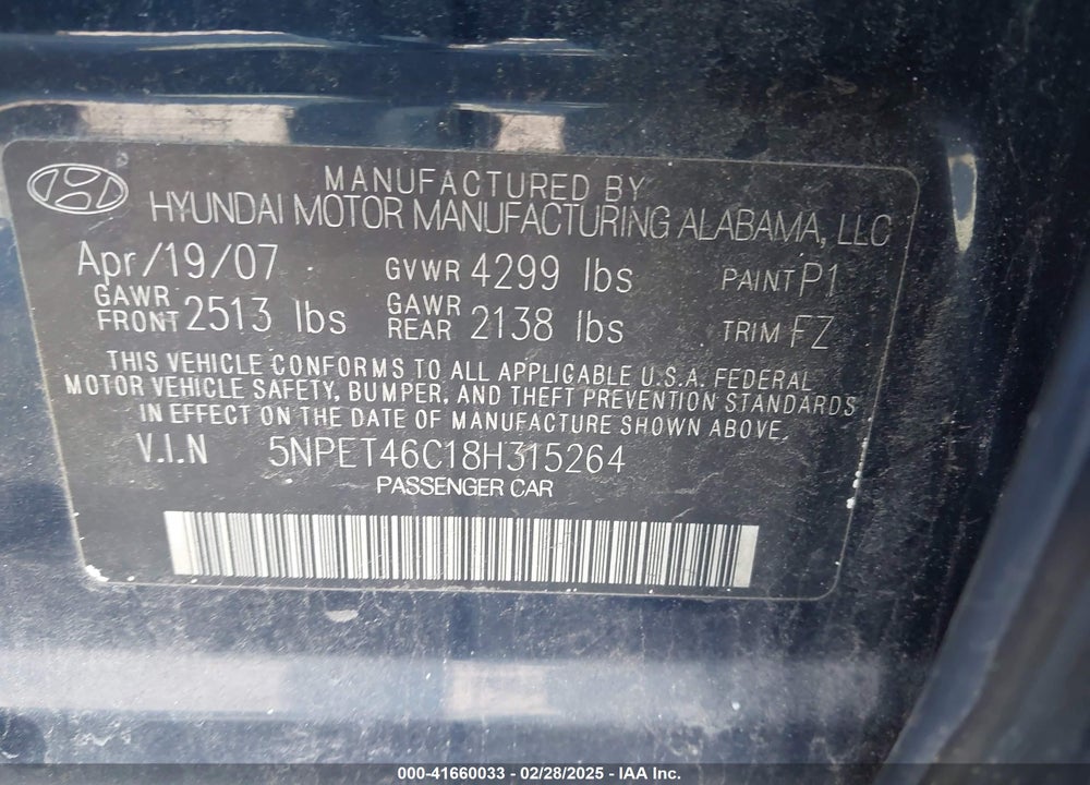 2008 HYUNDAI SONATA GLS VIN: 5NPET46C18H315264