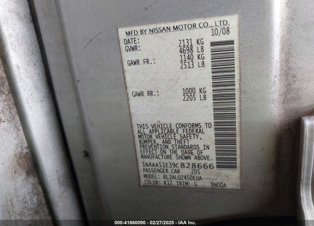 2009 NISSAN MAXIMA 3.5 S VIN: 1N4AA51E39C828666