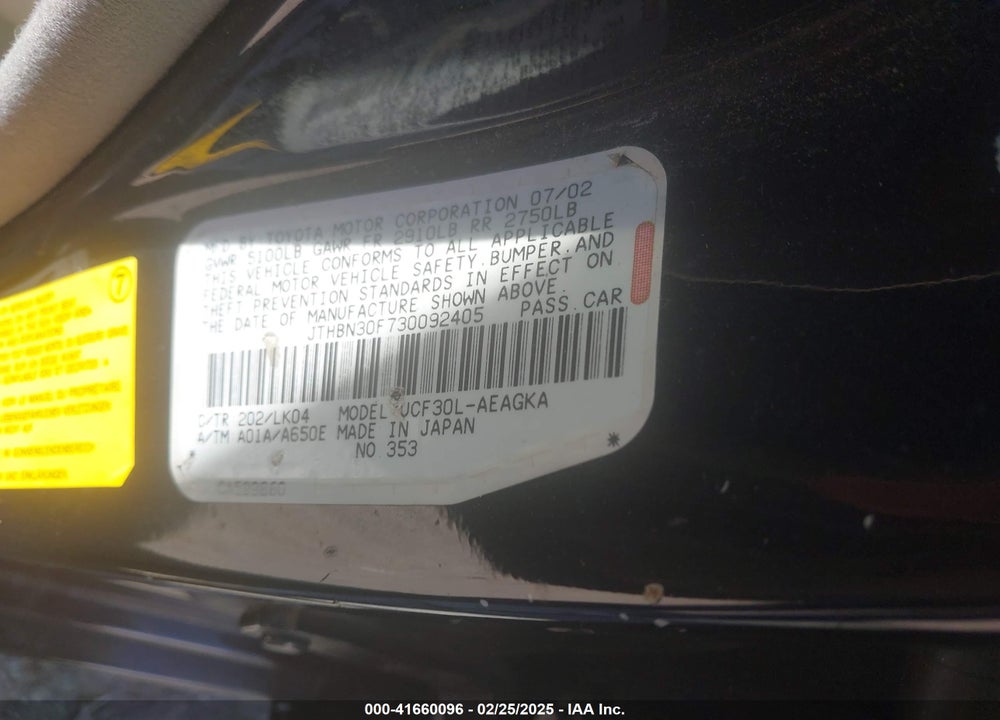 2003 LEXUS LS 430 VIN: JTHBN30F730092405