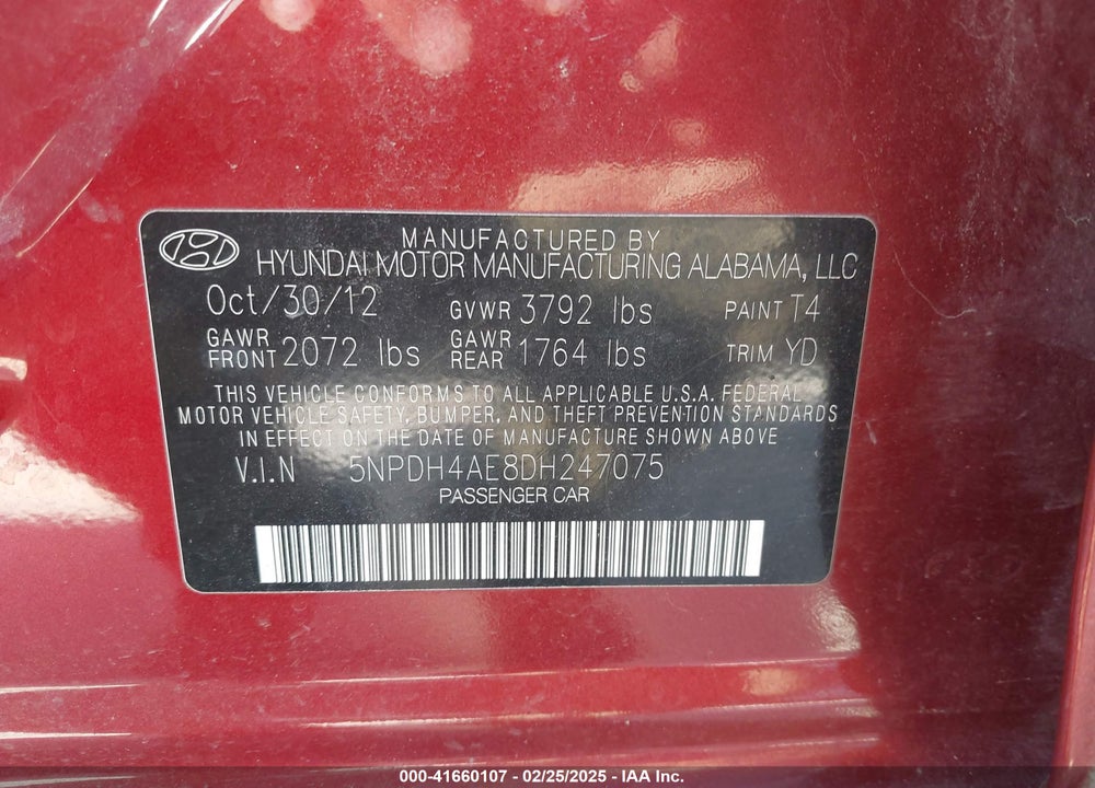 2013 HYUNDAI ELANTRA VIN: 5NPDH4AE8DH247075
