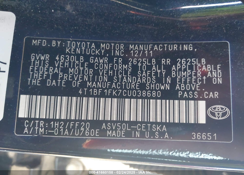 2012 TOYOTA CAMRY VIN: 4T1BF1FK7CU038680