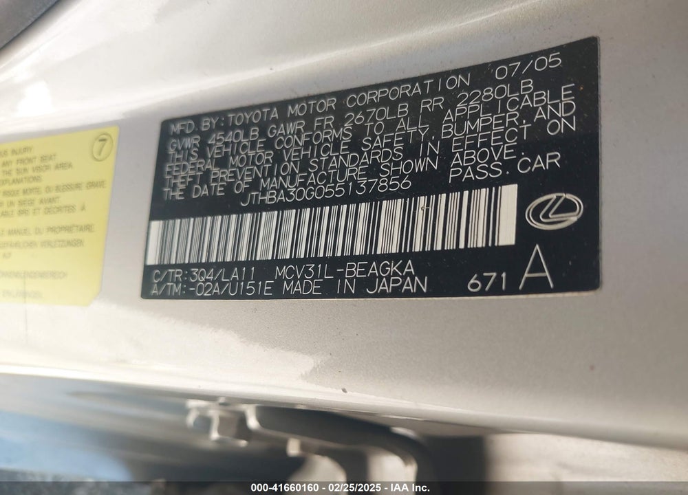 2005 LEXUS ES 330 VIN: JTHBA30G055137856