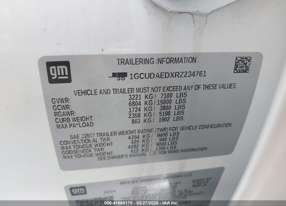 2024 CHEVROLET SILVERADO 1500 4WD SHORT BED WT VIN: 1GCUDAEDXRZ234761