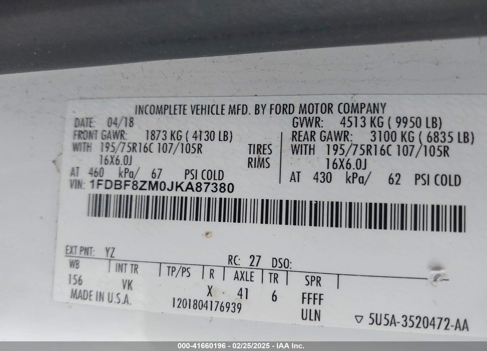 2018 FORD TRANSIT-350 CAB VIN: 1FDBF8ZM0JKA87380