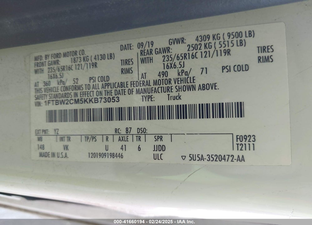 2019 FORD TRANSIT-350 VIN: 1FTBW2CM5KKB73053